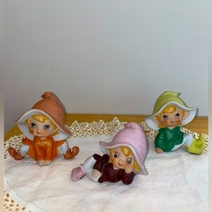 Vintage Homco Garden Pixie Elf Fairies Ceramic Figurines Set Of 3 ~ 5213